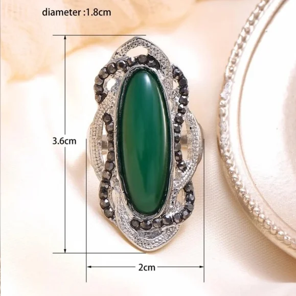 RESTOCKING BOHO GIANT COCKTAIL RING INDEX RING LARGE GREEN RHINESTONE SILVER - Picture 4 of 9